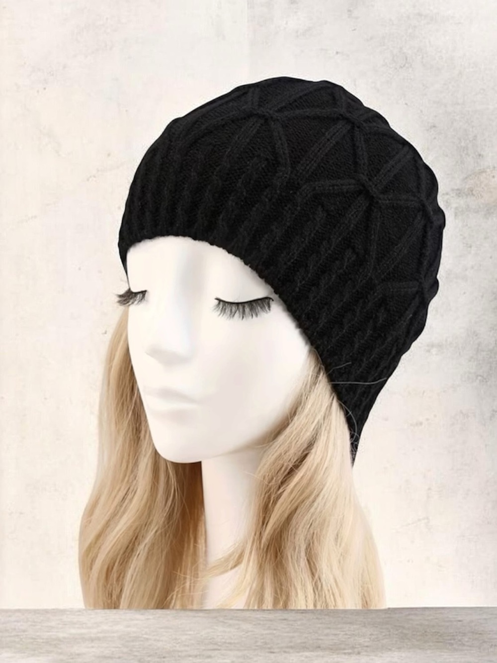 Black Cable Knit Beanie Hat - Picture 3 of 3